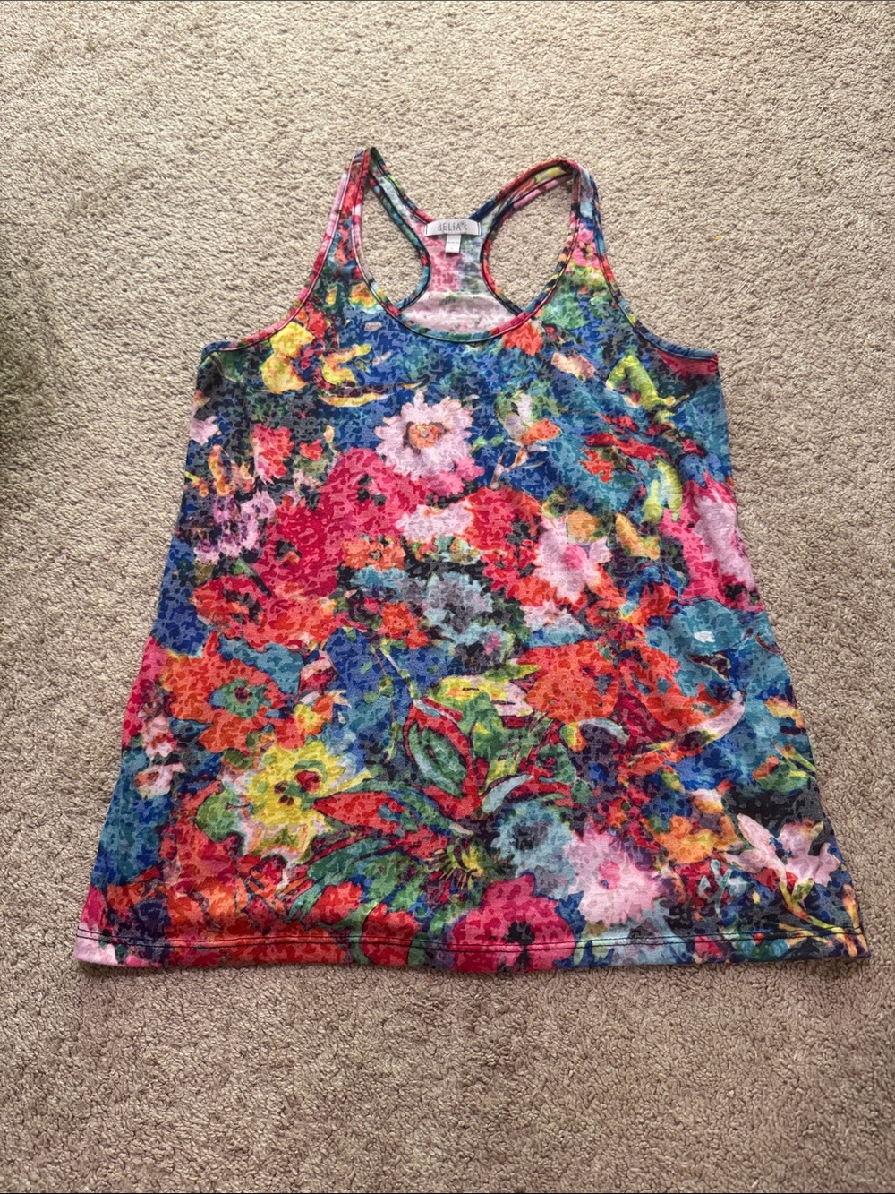 dELiA*s Multicolor Floral Racerback Tank Top - Blue, Pink, Red, Green, Yellow